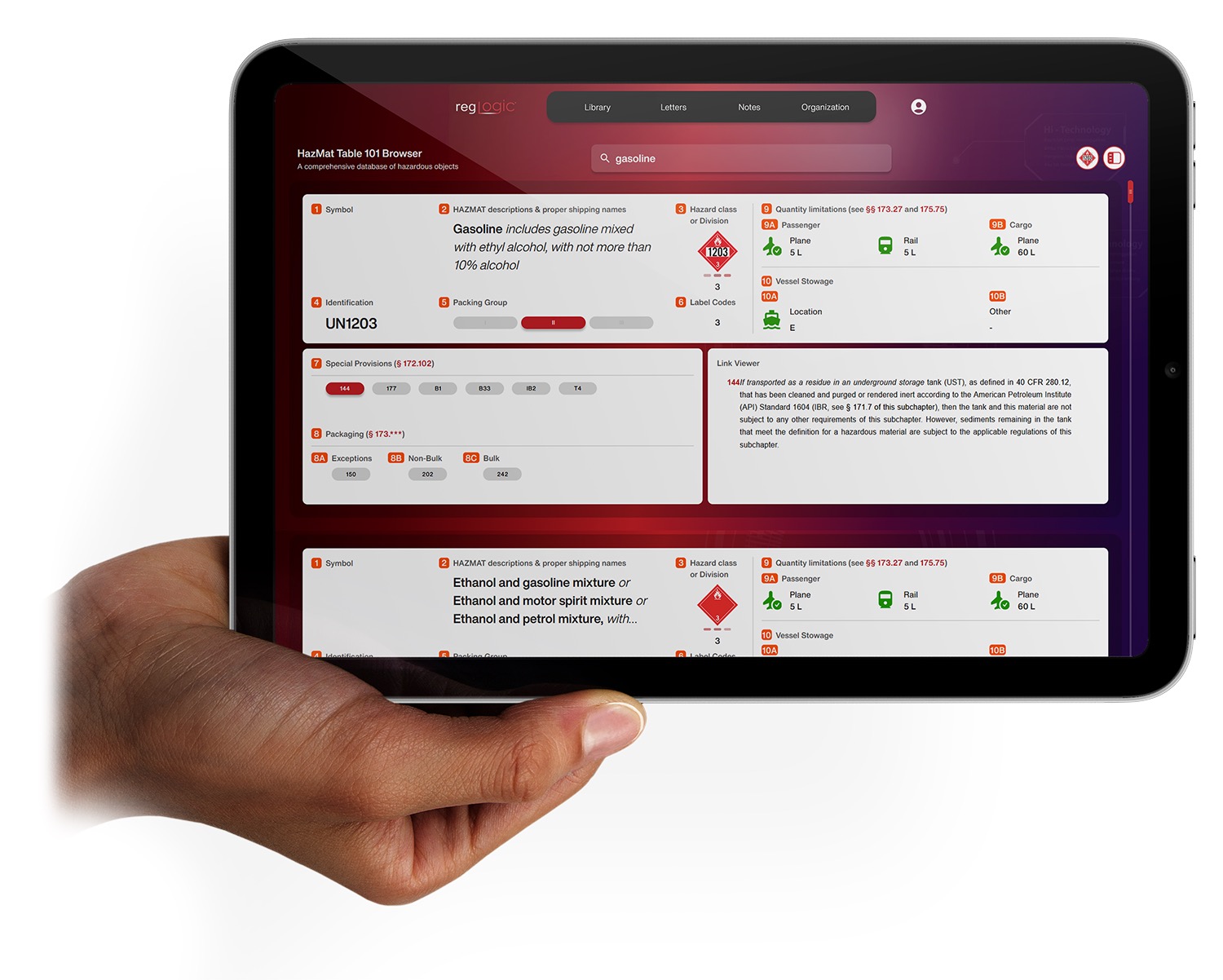 RegLogic on tablet — the digital regulatory library
